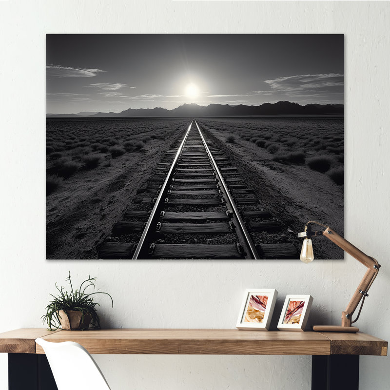 Voie ferrée dans un canyon monochrome I - train, art mural du salon, H 30 po x l 40 po x P 1,5 po, Toile tendue
