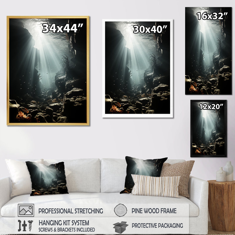 Rêve côtier sous-marin - salon d'art mural plage et océan, Cadre flottant noir, 32" H x 24" W