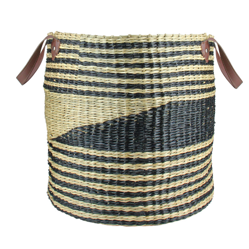 15" Beige and Black Woven Seagrass Basket with Handles