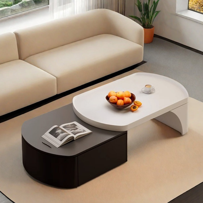 Design sense retractable solid wood coffee table, Black/White