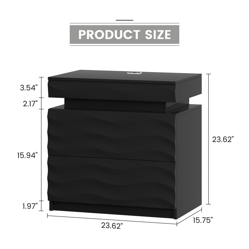 Ashten 23.6'' W 2-Drawer Nightstand With Hidden Storage And Human Sensor Light, Black