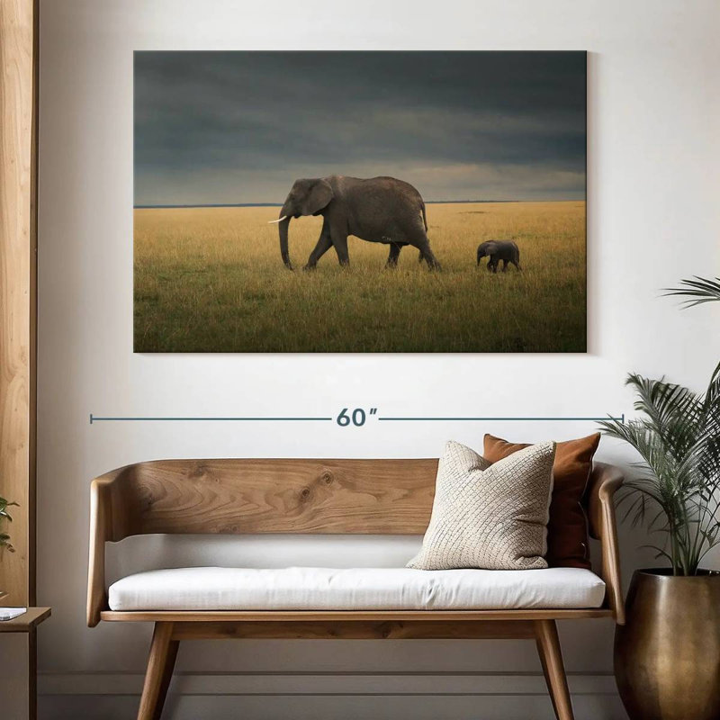 Éléphant Brampt dans un champ de savane, H 34 po x l 51 po