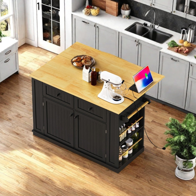 Kitchen Island with Drop Leaf, Black