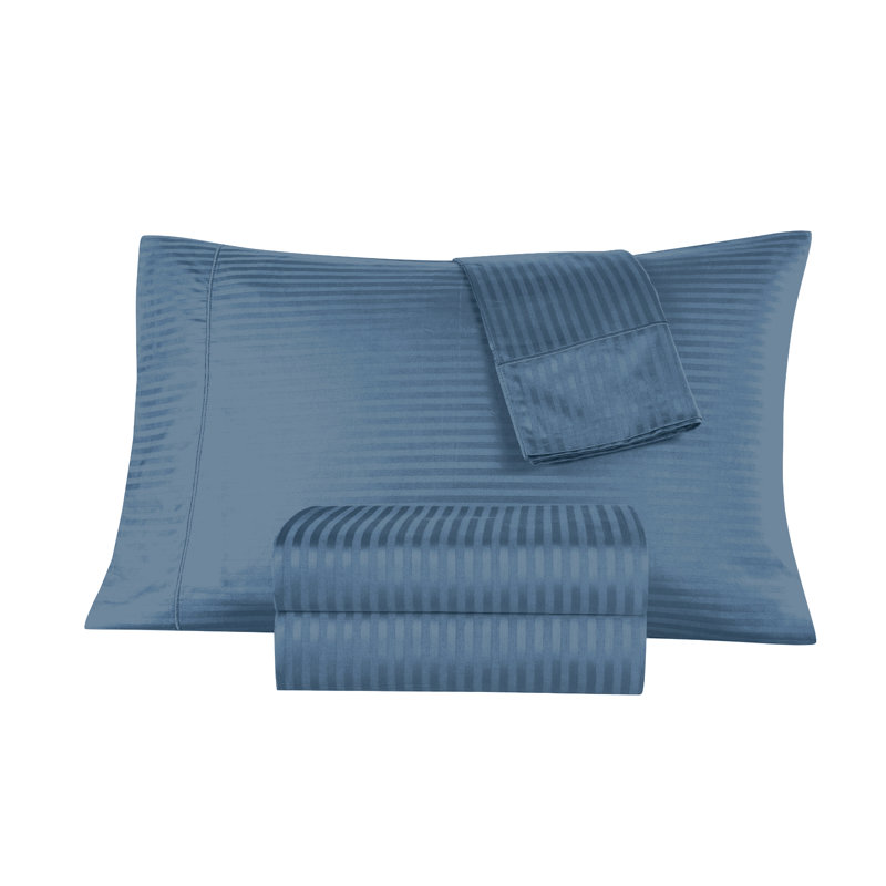 Classic Blue Cotton Damask Stripe Full Sheet Set