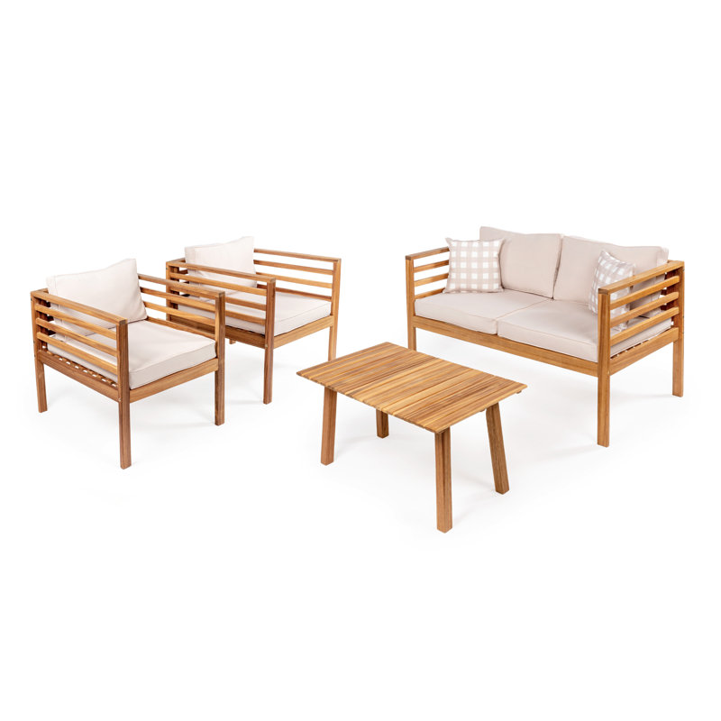 Ensemble de conversation d'extérieur 4 pièces en teck brun bois d'acacia Thom, Beige