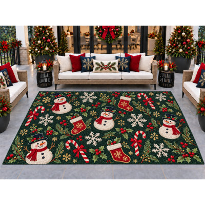 5’ x 7’ Outdoor Area Rug Snowman Stocking Candy Cane Snowflake Holly Berry Green Red Cream, Heavyweight Waterproof PVC Coil Loop Carpet, Quick Dry Indoor Outdoor Mat for Christmas