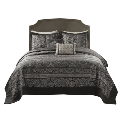 King Reversible Bedspread In Grey With Gold Pops And Stitching, Of 5 Shams Throw Pillows Piece Multi - Color , Leaf Striping Stitching Gold, 2 Included
