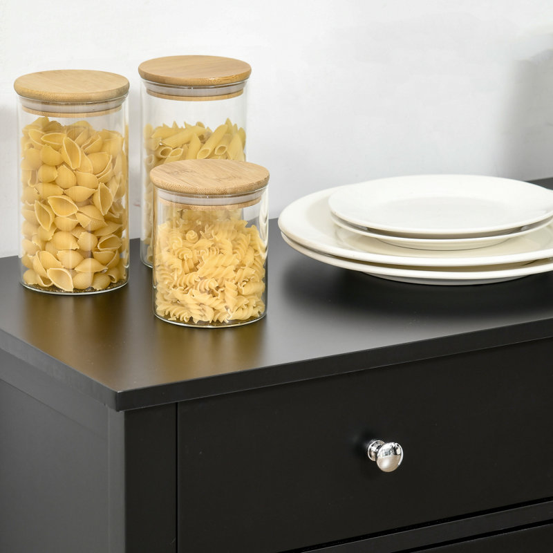 Buffet, armoire de rangement avec portes en verre, tablette réglable et 2 tiroirs pour la cuisine, noir