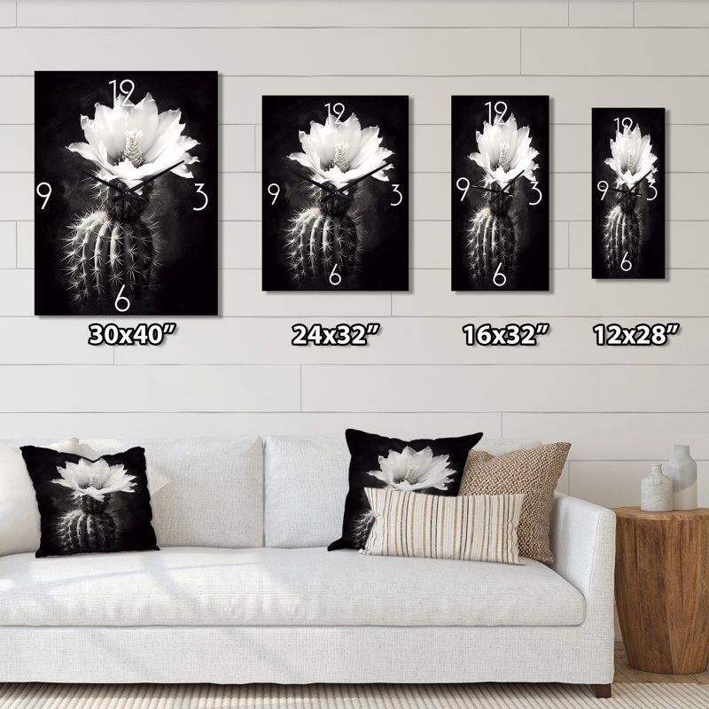 Horloge murale surdimensionnée noire avec cactus noir et blanc, Très grand