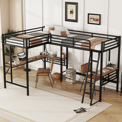 Lit mezzanine simple en métal avec deux bureaux intégrés, solution pour travailler et dormir en noir
