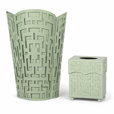 Dark Celadon Fretwork Wastepaper Basket & Tissue Holder