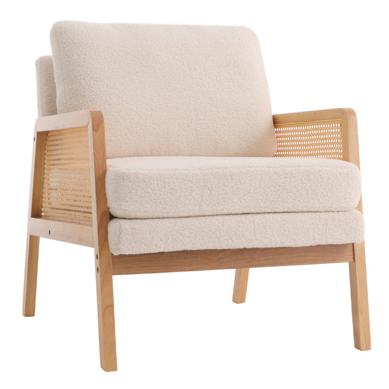Wood Frame Upholstered Armchair Accent Chair, 86" H x 71" W x 87" D, Beige Boucle