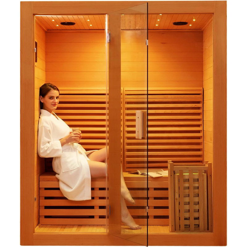 ZONEMEL Wooden Steam Sauna Room, 2 Person Canadian Red Cedar Luxurious Indoor Sauna with 3.5 KW Harvia Stove Heater, Bluetooth Speaker, WIFI Control,Sauna Stone, Wooden Bucket, Scoop, Reading Light, 220V,70.87″x47.24″x74.80″