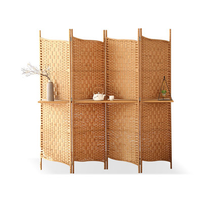 4 Panels Brown Solid  Wood Folding Room Divider