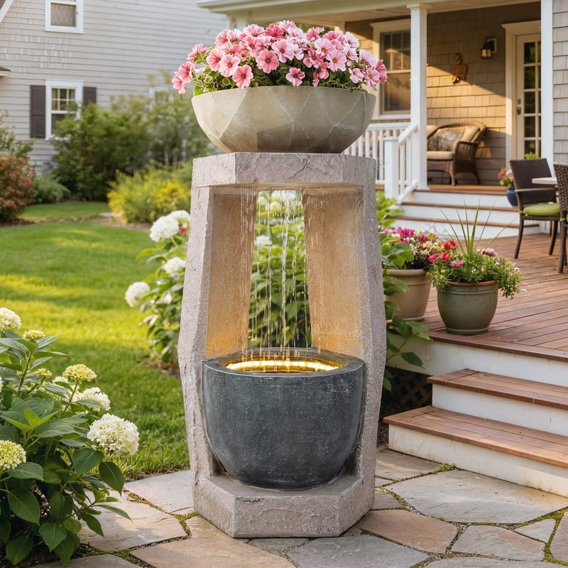 32" Modern Geometric Water Fountain with LED Lights, Two Bowls Cascading Waterfall Decor, Weather-Resistant Resin Outdoor Feature