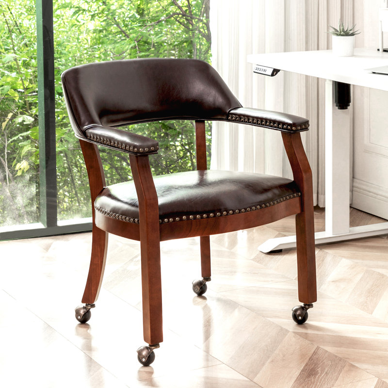 Arlex Vegan Leather Dining Chairs with Casters and Arms, Espresso 