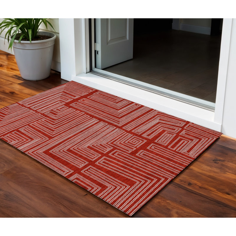 HomeRoots 3' X 5' Red And Ivory Geometric Washable Indoor Outdoor Area Rug