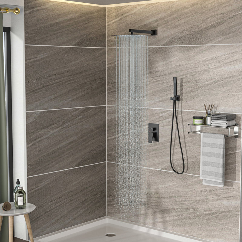 Pomme de douche double carrée noire matte - fixation murale 10 po avec douche à effet de pluie et douche à main, 1,8 gal / min, acier inoxydable, valve à système élégant, poche, débit GPM, installation facile