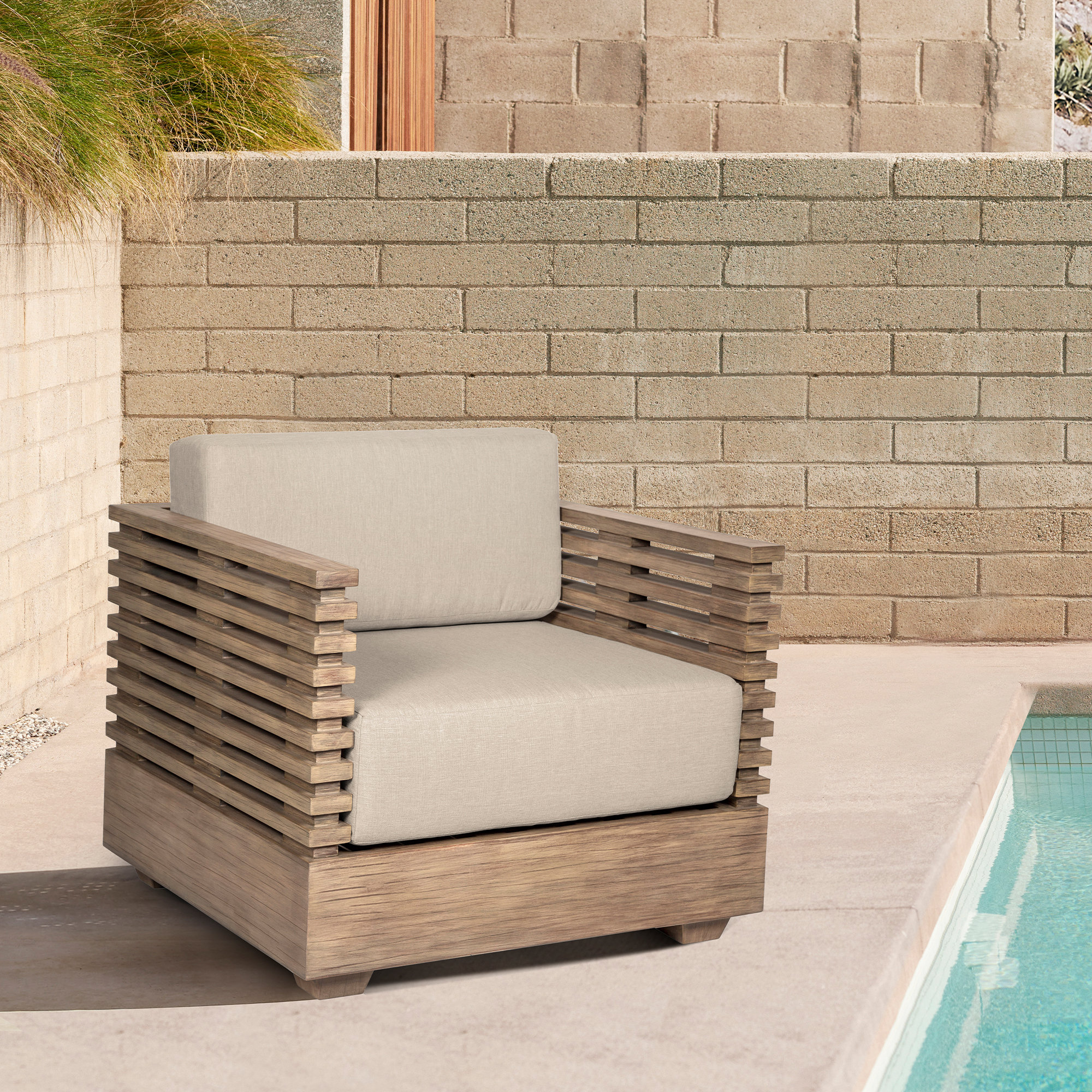 Fritz Wood Outdoor Lounge Chair, Taupe Performance