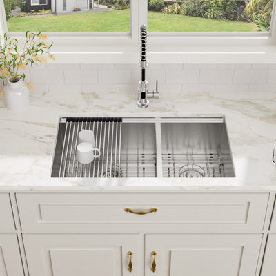 32" x 19" 16 Gauge Workstation Undermount 60/40 Double Bowl Low Divide Stainless Steel Kitchen Sink with Colander, Cutting Board, Strainer and Dish-Drying Rack