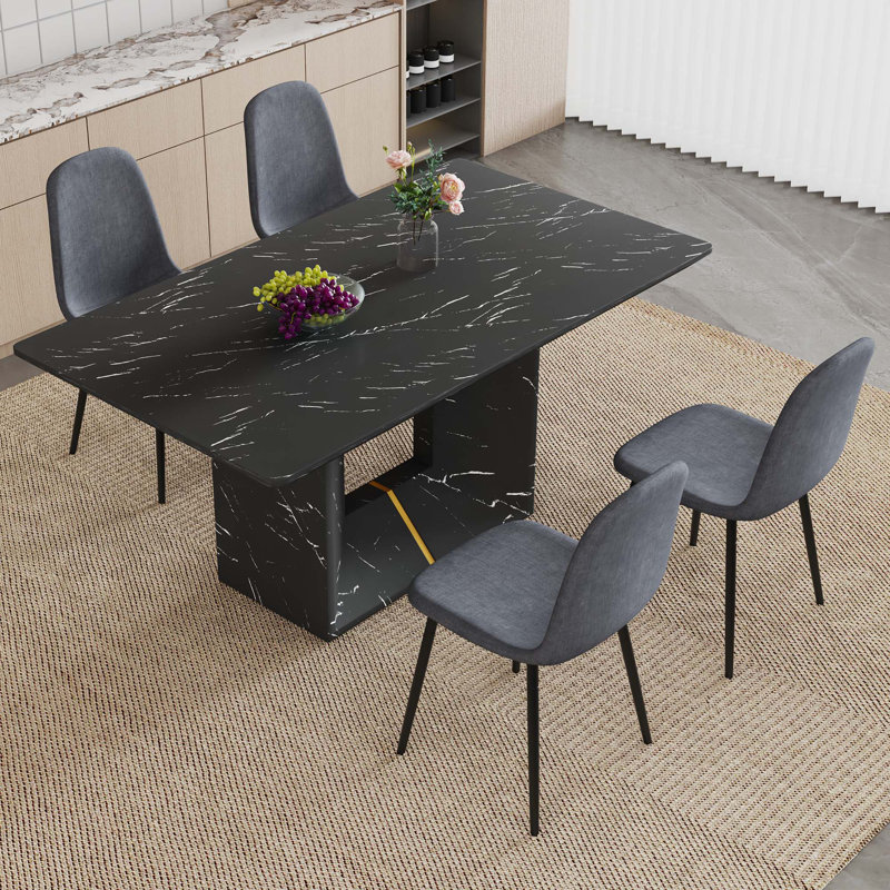 Ensemble de table et chaises, ensemble de table de salle à manger en MDF à motif marbré - 4 chaises, convient à la cuisine et à la salle à manger