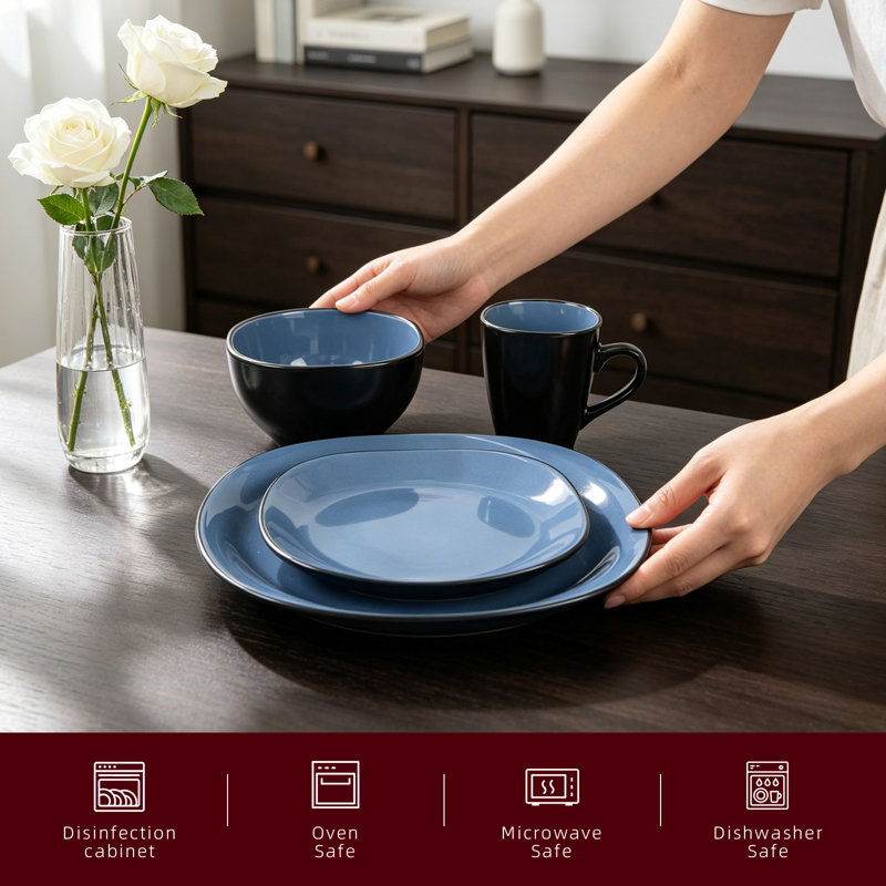 HomeVSS Stoneware 16-Piece Square Dinnerware Set，Service for 4, Blue
