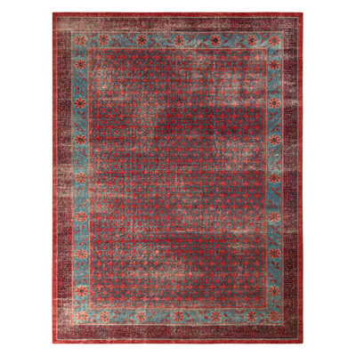 Distressed Homage Hand Knotted Wool Geometric Area Rug in Blue, Orange, Red, Beige, Brown