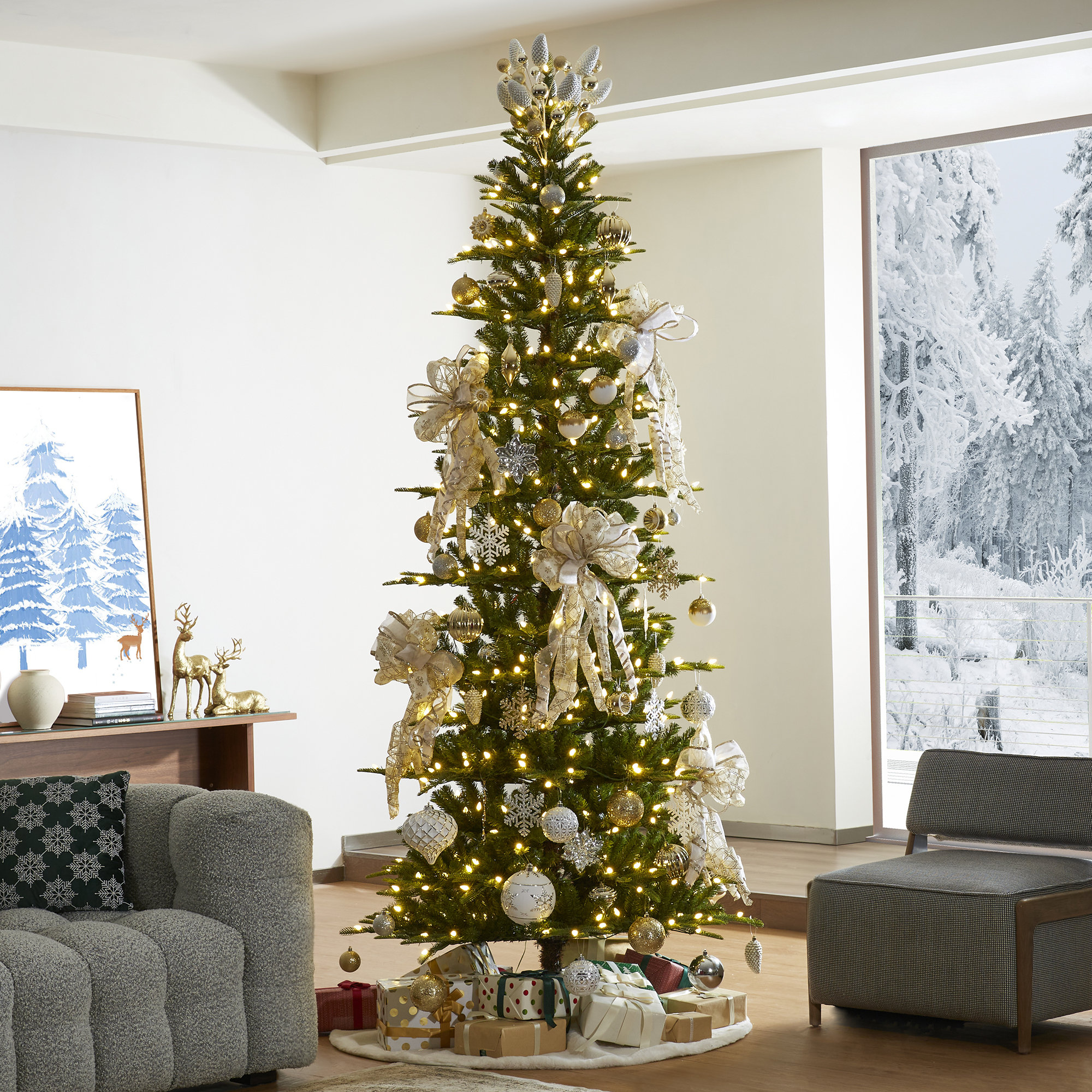 Pre-Lit Green Slim Fir Artificial Christmas Tree with Strawberry Lights, 9ft