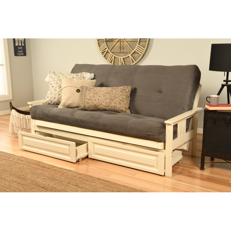 Le cadre de futon double Stratford comprend des tiroirs de rangement et un matelas, Blanc antique, Microsuède gris suède