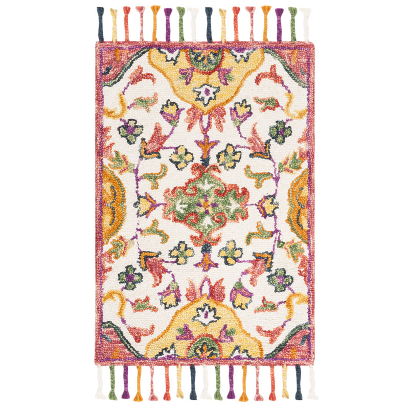Jahiem Floral Handmade Tufted Wool Ivory Area Rug, Rectangle 3' x 5'