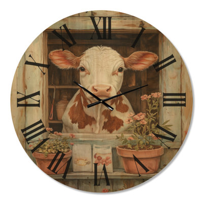 Horloge murale de style ferme, imprimée sur bois, avec fenêtre de remise de jardin et panneau en bois.