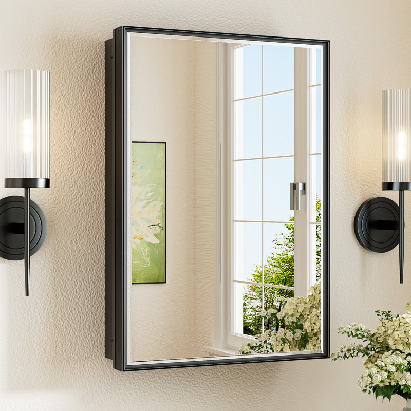 Cyrille Recessed & Surface Framed Medicine Cabinet with Mirror and Shelves, Black, 24" H x 16" W x 5.2" D