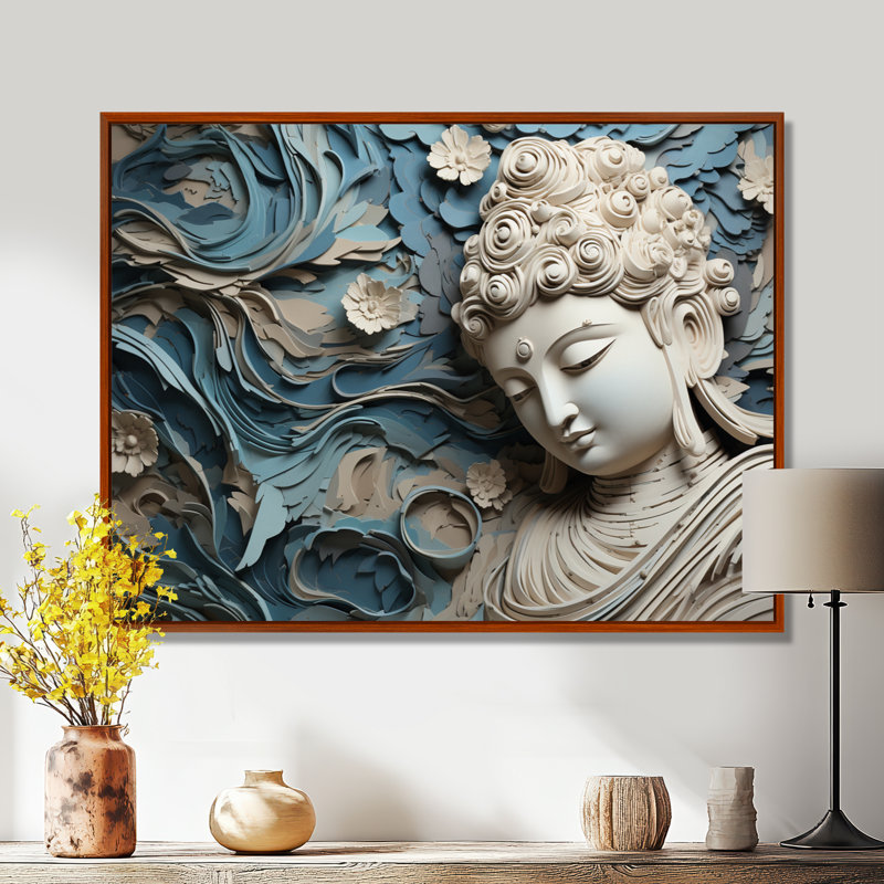 Statue religieuse bouddhisme I - décoration murale bouddhisme, H 12 po x l 20 po x P 1 po, Cadre flottant brun