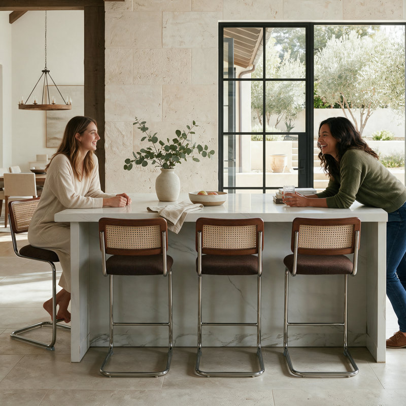 Natural Rattan Counter Height Stools Set of 2 with Solid Wood Back, 24.8'' Mid Century Modern Cesca Bar Stools, Brown Upholstery Boho Stool for Kitchen Counter with Chrome Metal Legs