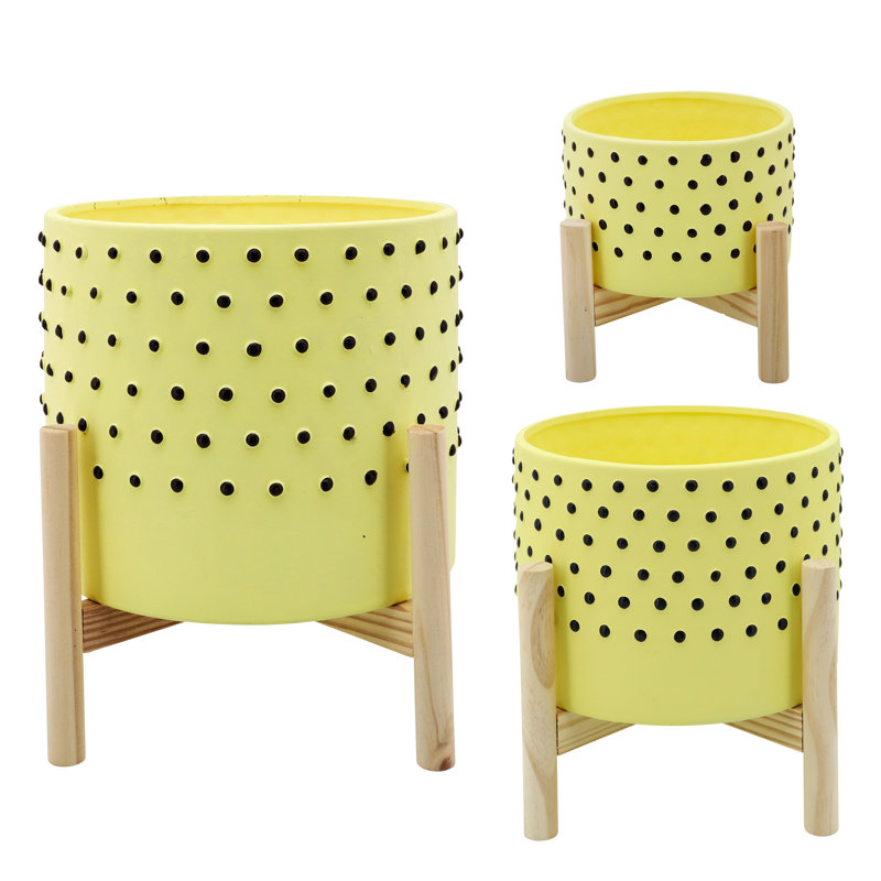 Stoneware Ceramic Planter Set with Wood Stands Contemporary Design Indoor Outdoor Decorative Containers Set of 3, Yellow