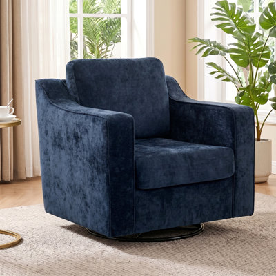32.7" Wide Mid-Century Modern Upholstered Swivel Accent Chair, 360° Rotating Lounge Chair with Sloped Arms for Living Room-Navy Blue