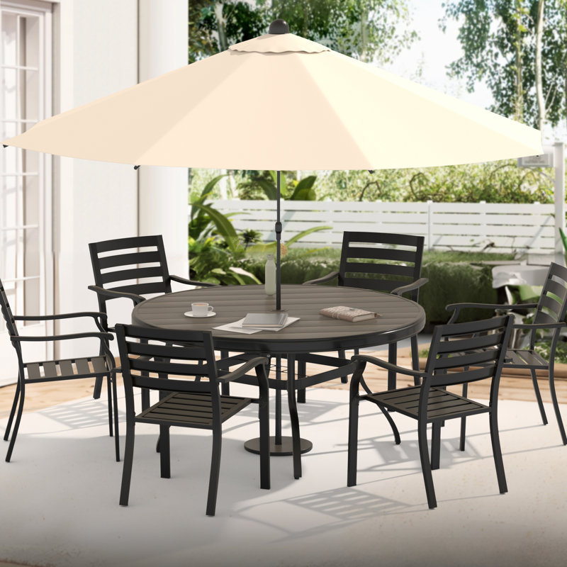 Outdoor Round Dining Table For 4 - 6 People, All Weather Steel With Umbrella Hole, Black Modern Design Lawn And Poolside Patio Table, 40.6"x40.6" Dimensions, Steel, Suitable Garden Deck