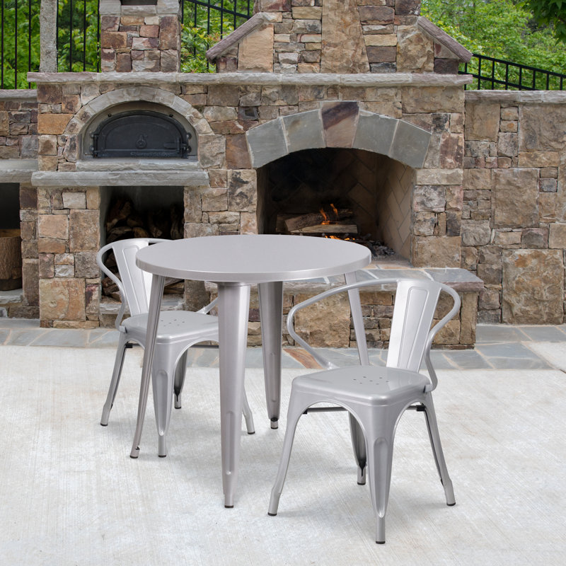 Duluth 30'' Round Metal Indoor-Outdoor Table Set with 2 Arm Chairs, Silver, 29.50" H x 30" W x 30" L