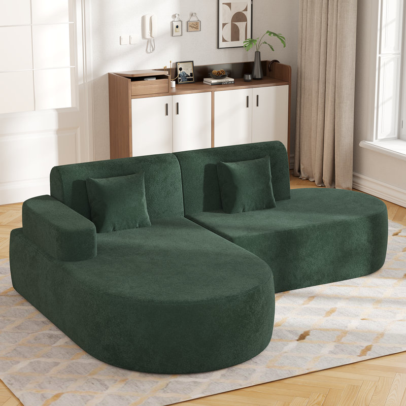 No Assembly Required Corner Sofa, L-Shape Sectional Sofa With 2 Pillows, Green
