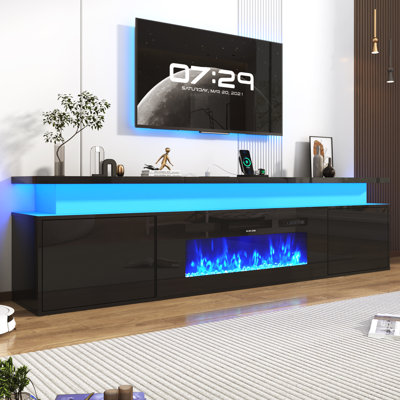 Meuble télé flottant avec foyer, meuble télé avec foyer à DEL ultrabrillant pour téléviseur de 70/75/80 po, meuble télé moderne pour salon