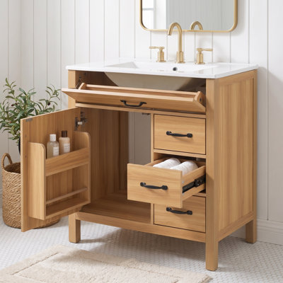 Meuble-lavabo moderne avec lavabo en céramique, caisson en MDF avec pieds en bois massif, charnières et tiroirs à fermeture amortie, tiroir rabattable