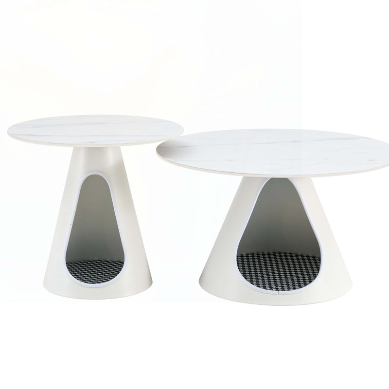 Ensemble de 2 tables basses rondes avec plateau en marbre et base en acier avec 2 lits pour chat multifonctionnels et élégants