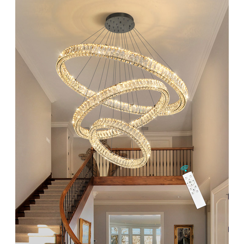 Large Dimmable Chandelier Led Crystal Rings, Matte Black, 78" H x 39.4" W x 39.4" D