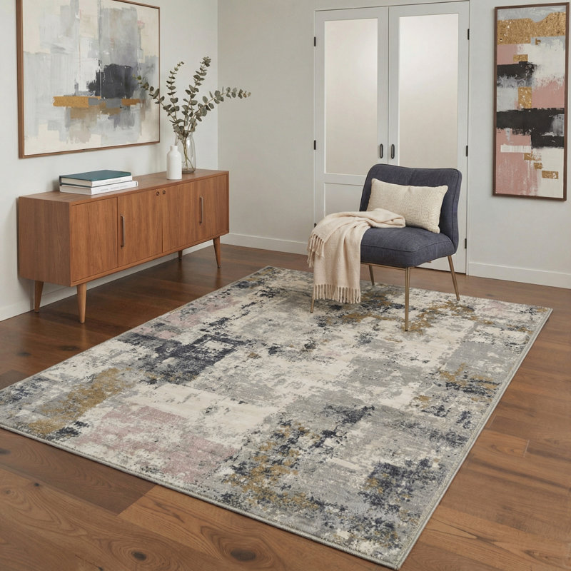 Mignone Novara Abstract Machine Washable Beige / Black / Grey Indoor Area Rug with Non-Slip Backing, Rectangle 6' x 9'