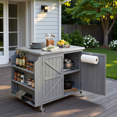 Outdoor Kitchen Island With Side Shelf, Storage Cabinet, Stainless Steel Top, Adjustable Shelf And 4 Wheels