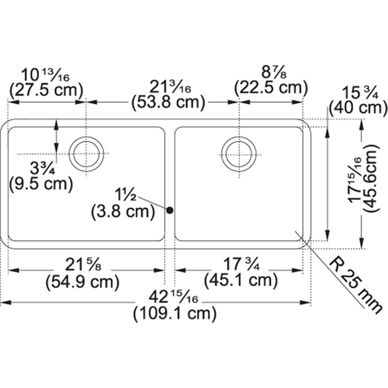 Kubus 43" L x 18" W Double Basin Undermount Kitchen Sink