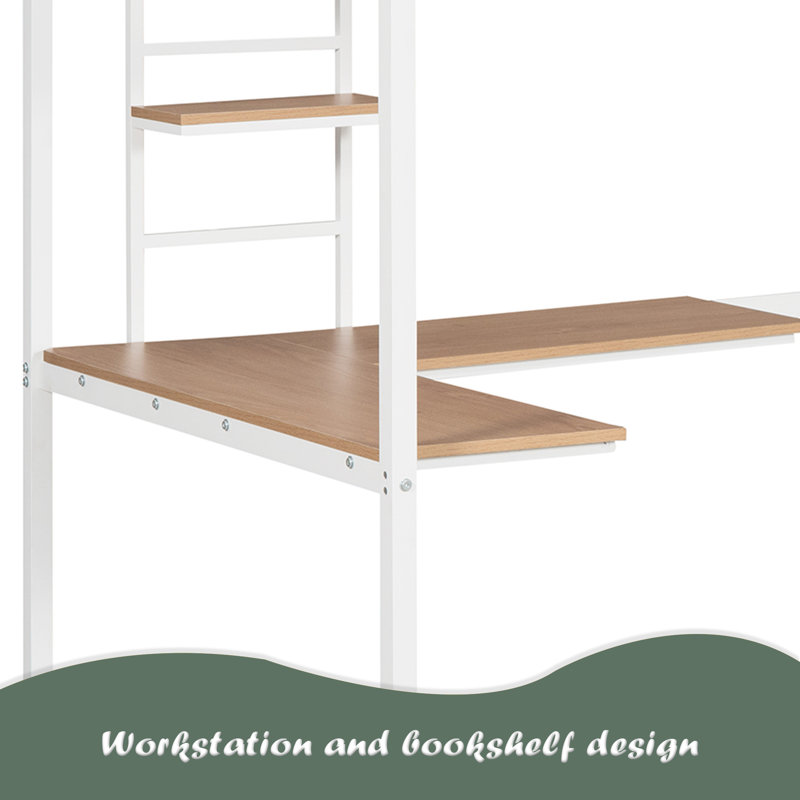 Lit mezzanine simple en métal avec bureau et tablette, Blanc