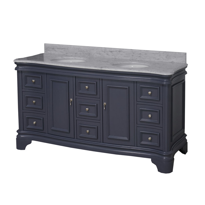 Ensemble de meuble-lavabo double 72 po Twain avec meuble-lavabo gris marine et comptoir en marbre de Carrare, Gris marine