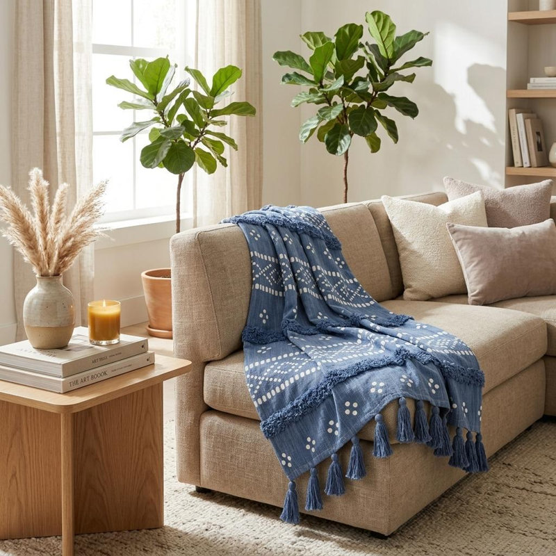 Jeté rayé en coton tissé bleu