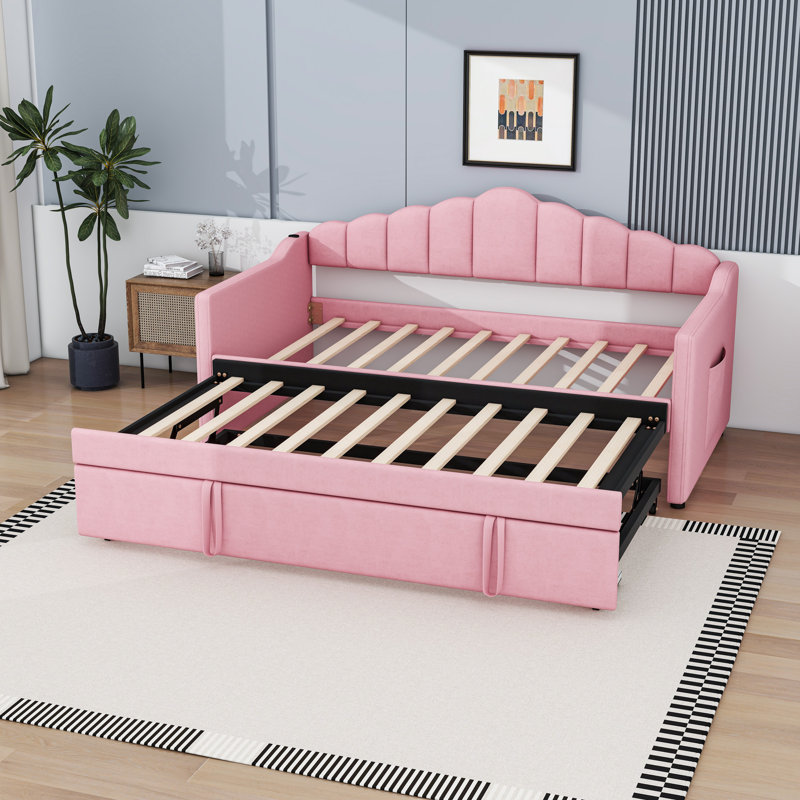 Twin Upholstered Daybed with Trundle, USB, Type-C Charging Ports and Side Pockets, Pink